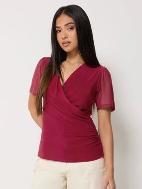 NWOT M&Co Petite Berry Red Mesh Wrap Top, 4P/SP